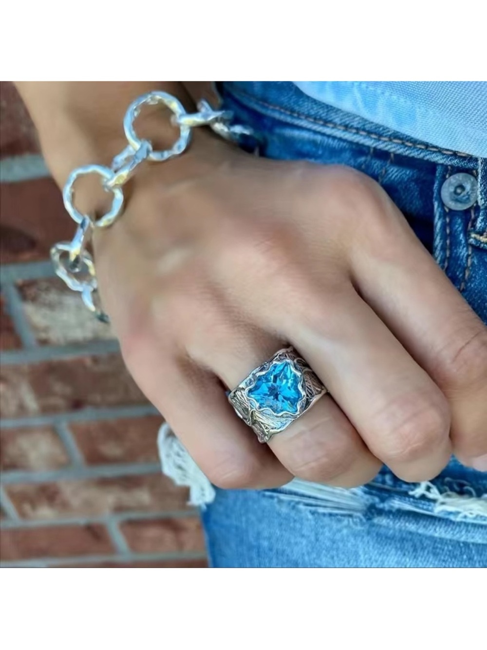 Sterling Silver Plated Blue Topaz Statement Ring  NWT